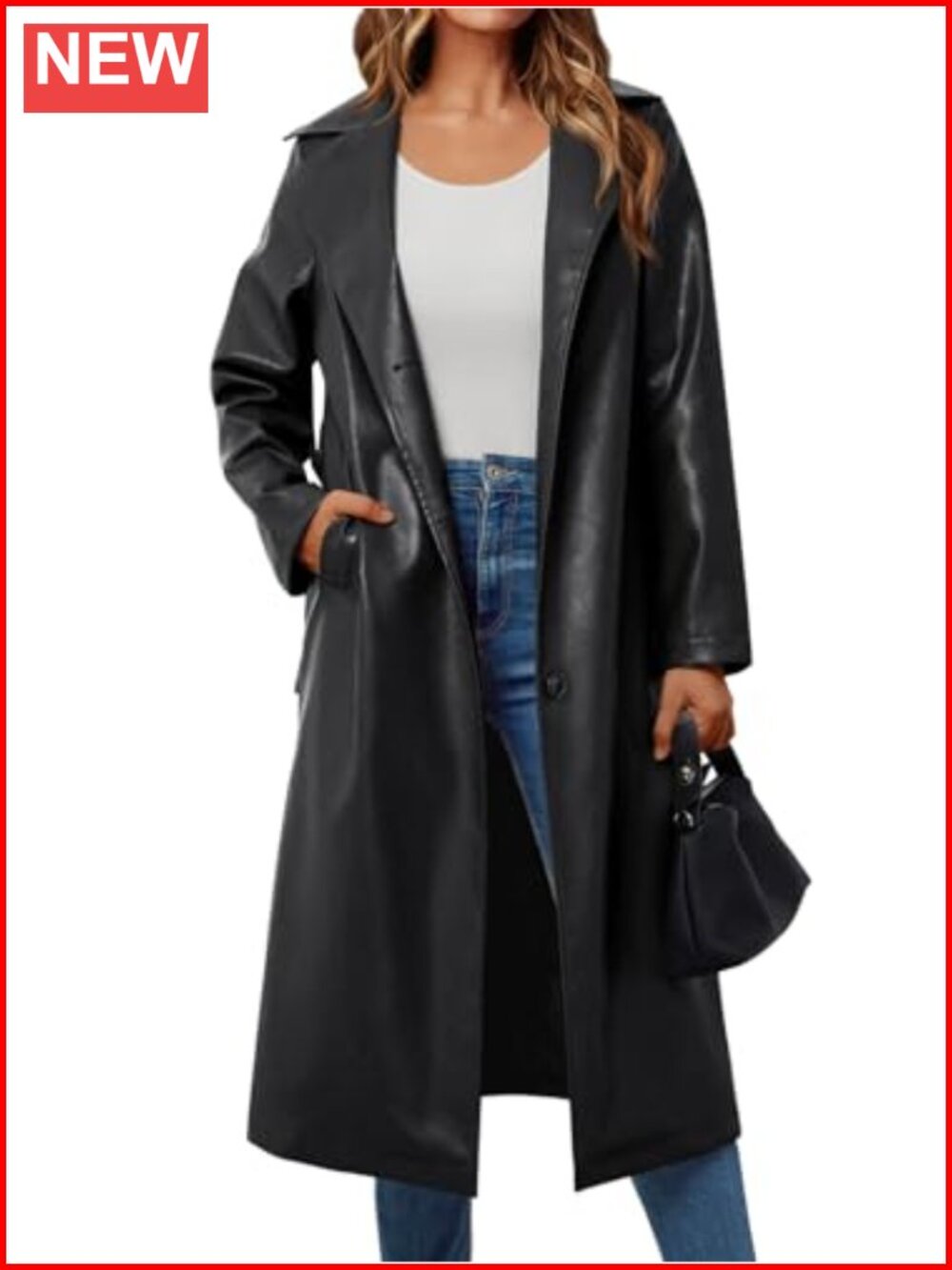 Women's Faux Leather Long Trench Coat with Belt
